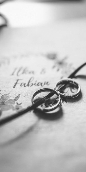 Hochzeitswahn - Zwei Eheringe liegen auf einer eleganten Einladungskarte mit floralem Muster und den in Schreibschrift gedruckten Namen „Ilka & Fabian“. Der Fokus liegt scharf auf den Ringen vor einem sanft verschwommenen Hintergrund.