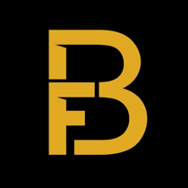 Hochzeitswahn - Ein schwarzer Hintergrund mit einem stilisierten gelben „B“ und integriertem „F“, das DJ Fabian Baroud repräsentiert. Die Buchstaben gehen nahtlos ineinander über, wobei die vertikale Linie des „F“ nach oben weitergeht und Teil des „B“ ist. Hochzeit in der Kulturfabrik Coburg.